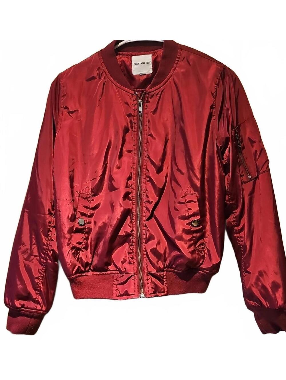 Better Be Bomber Jacket Cranberry Mandarin Collar Zipper Ruched Lined S NWOT